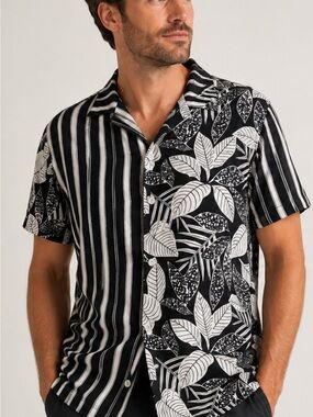 Original Use Black & White Split-Print Short Sleeve Button-Down Shirt